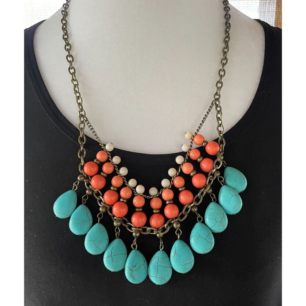 Boho Statement Bib Necklace Turquoise Color Teardrop Coral Beads Brass Tone 24"